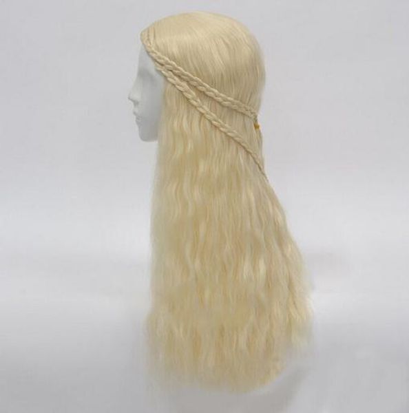Мода песня с льдом и огненным волокном волокна волос волос Daenerys Targaryen Blonde Long Curly Braids Cosplay Wig Part
