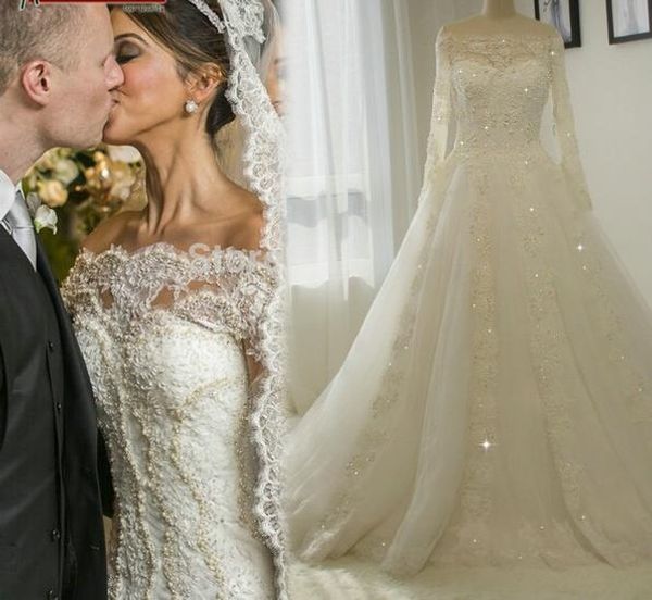 

off the shoulder long sleeve lace wedding dress a-line applique beading pearls court train real picture backless bridal gowns, White
