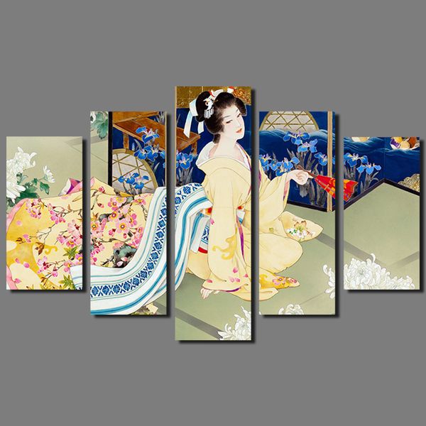 

большой размер япония стиль кимоно леди картина украшения японская хризантема цветы холстины стены искусства декора дома неструктурированног