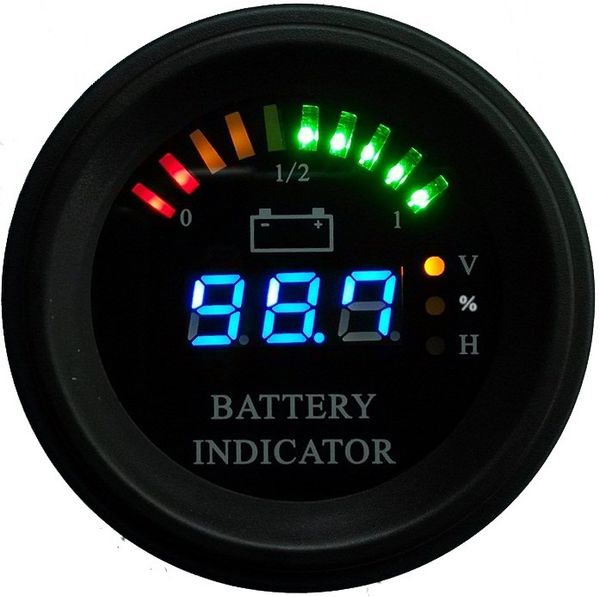 

round housing arc line led digital battery gauge discharge indicator hour meter state of charge forklift, ev, 24v 36v 48v 60v up to 200v