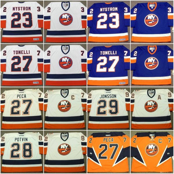 

New York Islanders Jersey 23 BOB NYSTROM 1982 27 JOHN TONELLI 27 MICHAEL PECA 28 FELIX POTVIN Hockey Jerseys