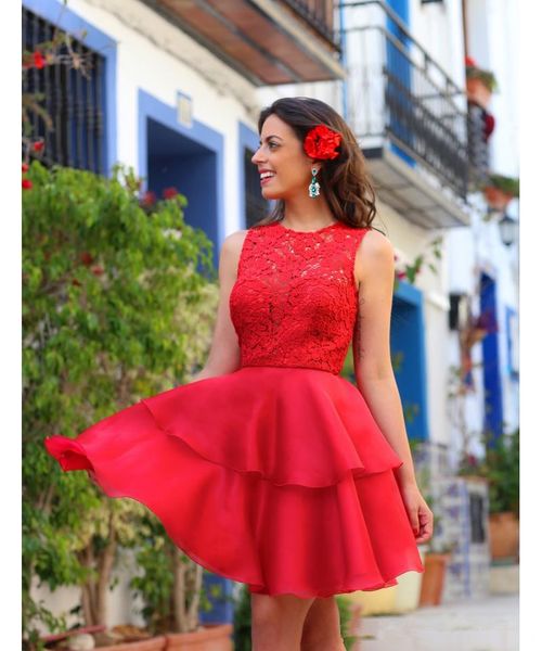 

new stunning short red homecoming dress sleeveless jewel neck lace sweety girls party gowns vestido curto custom size, Blue;pink