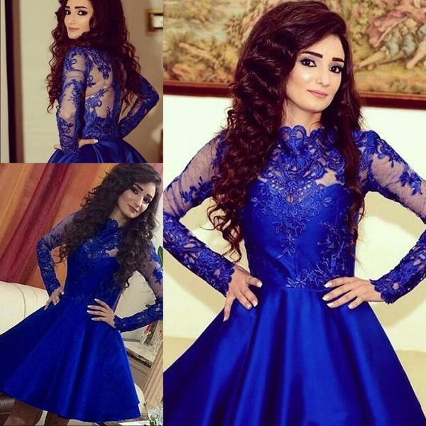

2017 royal blue short cocktail party dress sheer long sleeves high neck homecoming dresses lace appliques satin mini prom gowns, Black