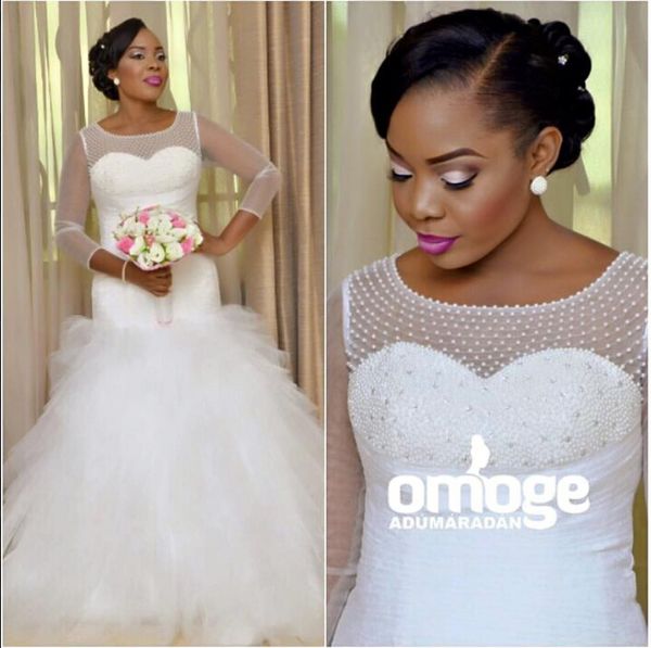 

2021 plus размер длинные рукава русалка свадебные платья тюль crew бисером современные свадебные платья, White