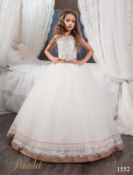 İki Tonlar Çiçek Kız Elbise Pentelei Bling Bling Kristalleri ile Detaylar Ve Lace Up Geri Aplikler Tül Prenses Kız Doğum Günü Abiye