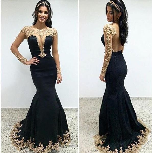 

2017 девушки pageant платья sexy русалка черный и золотой вечерние платья с длинными рукавами совок сетки обратно бисером кружева аппликации, Black