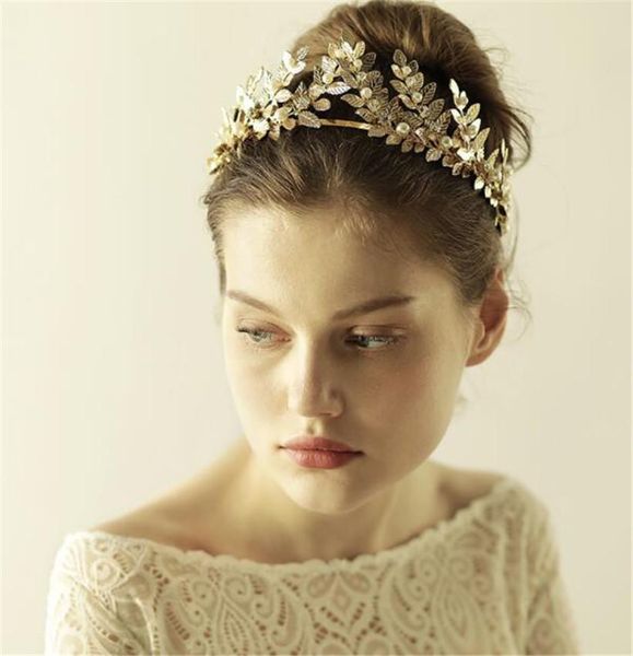 Großhandel Mode Hochzeit Braut Krone Tiara Blattgold Stirnband Haarschmuck Schmuck Kristall Strass Kopfschmuck Kopfschmuck Perlenband