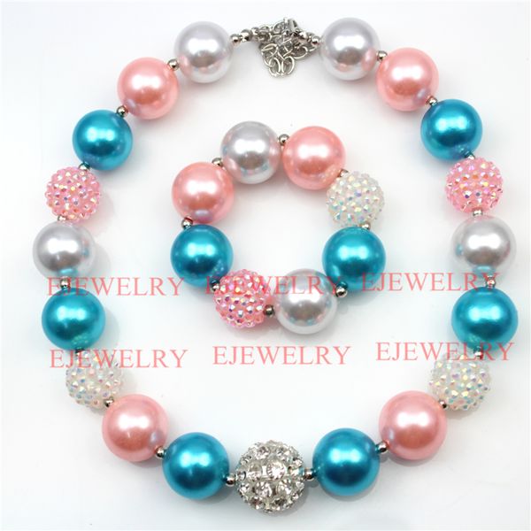 

fashion jewelry alloy rhinestone beads pink blue white pearl beads chunky girl bubblegum kids necklace&bracelet set for party gifts cb732