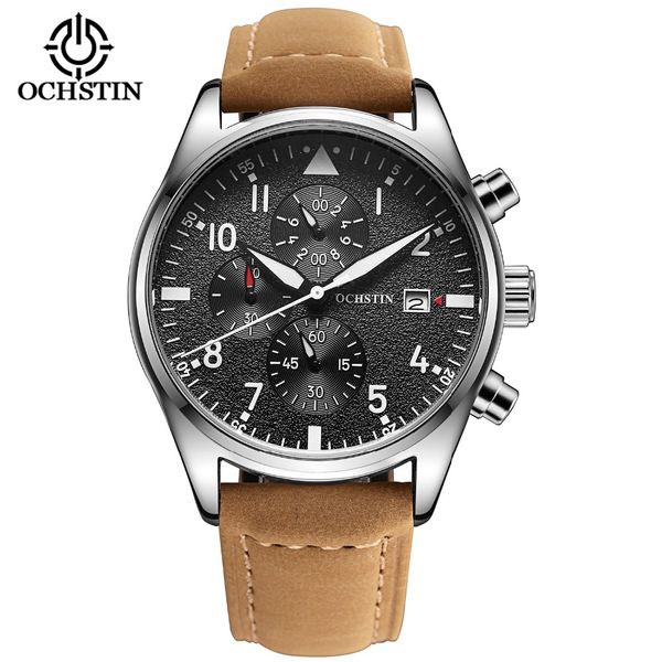 

wholesale-luxury pilot mens watches chronograph 6 hands leather automatic days men waterproof sport quartz aviator watch gift box, Slivery;brown