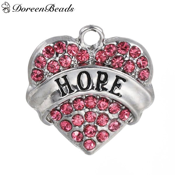 

charms pendants heart silver tone message " hope " carved pink rhinestone 20mm(6/8")x 19mm(6/8"), 2 pcs 2016 new jewelry, Bronze;silver