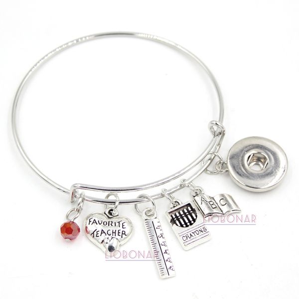 

wholesale adjustable bangle snap jewelry teacher bracelet book ruler crayons charms bangle snap button bracelets for teacher gift, Golden;silver