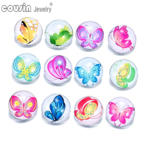 

12pcs/lot Mixed Colors Art Butterfly 18mm snap button Jewelry Faceted glass Snap Fit snap Bracelet Jewelry KZ0144