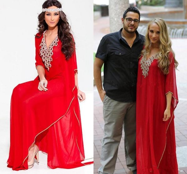 

A line Red Arabic Style Evening Dresses Middle East V-Neck Dubai Beaded Long Sleeve crystal Abaya Muslim Formal Prom party Gowns Plus Size