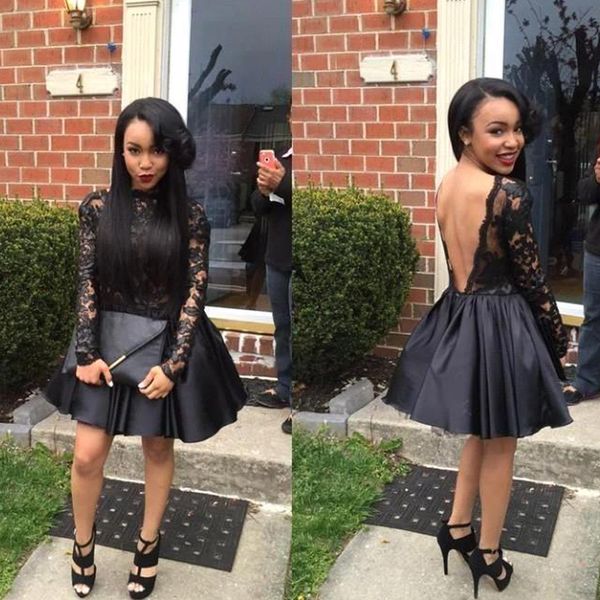 

cocktail party dress short a line illusion bodice sheer bateau neckline long sleeves backless little black dress quality