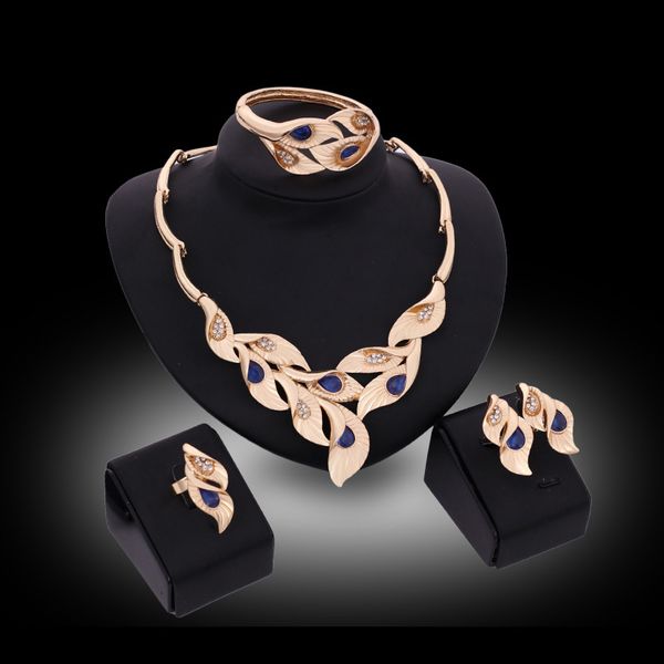

necklaces earrings bangles rings jewelry set fashion luxury rhinestone 18k gold plated flowers bride wedding jewelry 4-piece set js065, Slivery;golden