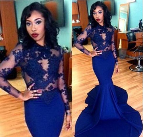 

royal blue long lace evening dresses sheer applique long sleeve floor length stretch satin mermaid prom dresses arabic ba1820, Black;red