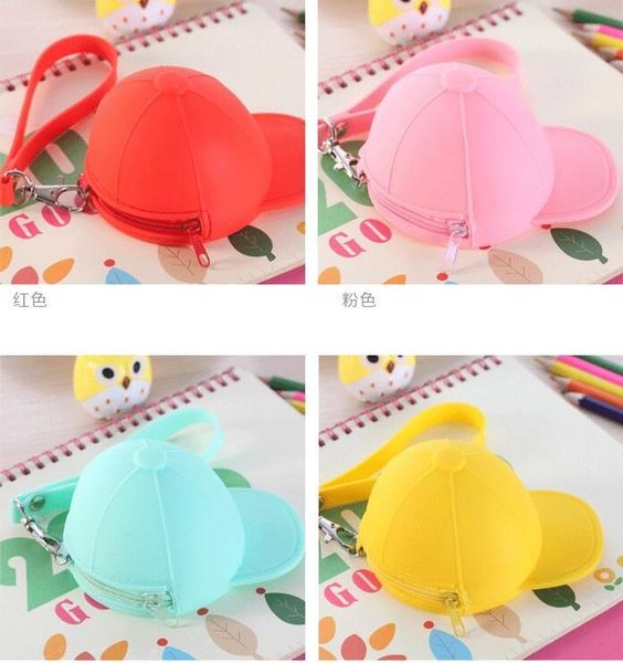 

new cute coin purses cartoon candy color wallets baseball cap coin bag mini hat key silicone female change hand bag 12pcs, Red;black
