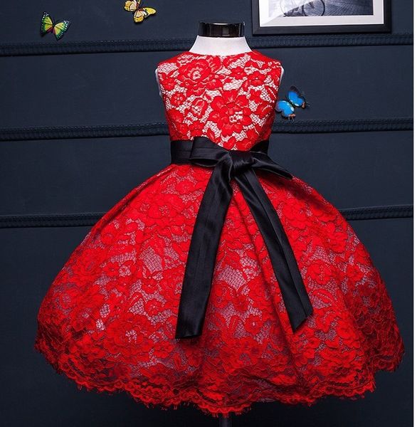 Flauschige süße rote Spitze-Hochzeitskleid für Mädchen, erster Geburtstags-Party-Outfit-Baby-Ballkleid, handgemachtes Tauf-Taufgleid
