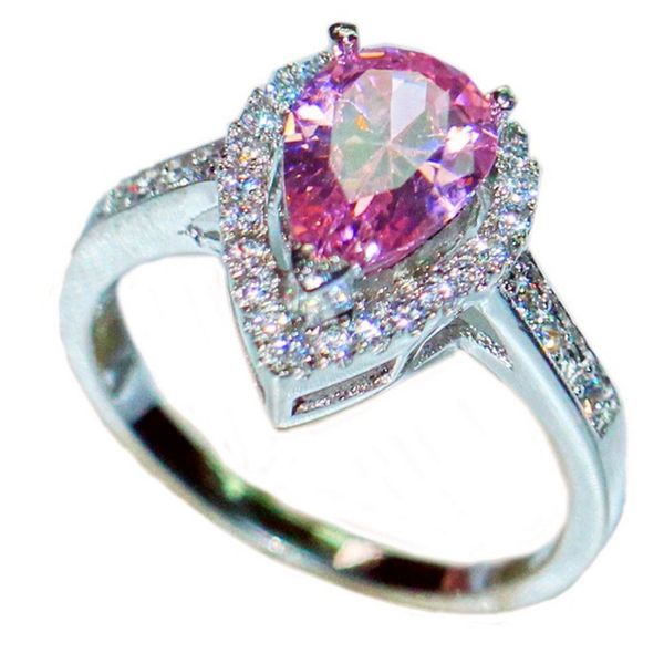 

classic 10kt white gold filled delicate pear-shaped pink sapphire water-drop gemstone ring finger for women size 5-10, Slivery;golden