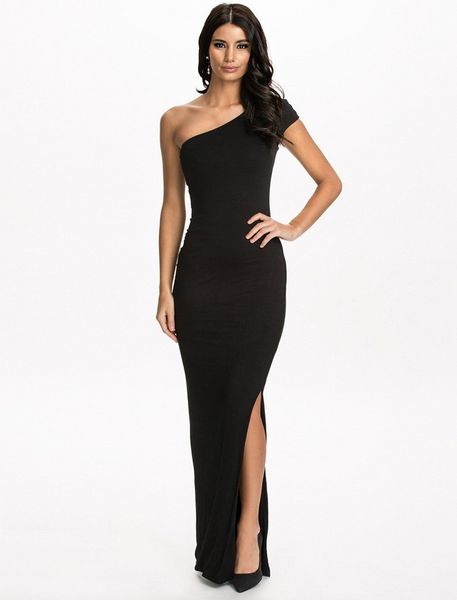 

2016 unique design one shoulder dress party evening elegant black dress floor-length bodycon fitness long dress ing, Black;gray