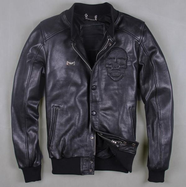 

fall-2016 new european real leather men standing baseball uniform men code leather jacket short jacket short coat black skull coat