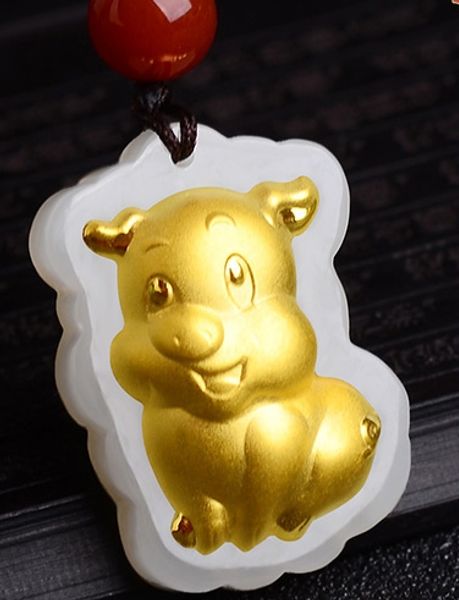 

gold inlaid jade amulet constellation necklace and pendant (cartoon pig), Silver
