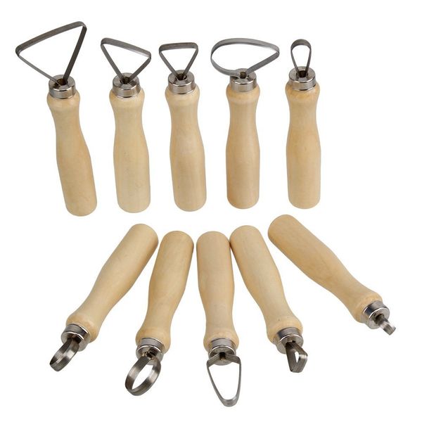 

wholesale-10pcs stainless steel wooden thick handle flat wire cutter clay pottery sculpting tool set