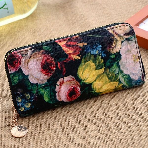 

women long classic vintage wallets holders fashion ladies rose pu leather zipper clutch wallet and credit card coin holders packet purse, Red;black