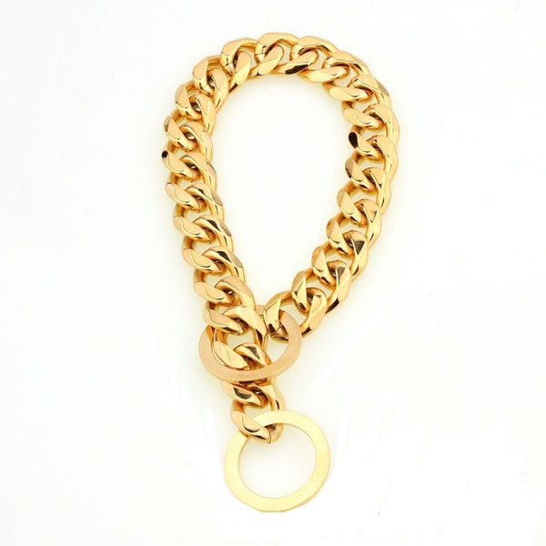 

15mm Curb Cuban Link Gold Tone 316L Stainless Steel Dog Choke Tracining Chain Collar Pet Necklace Leash 12"-34"