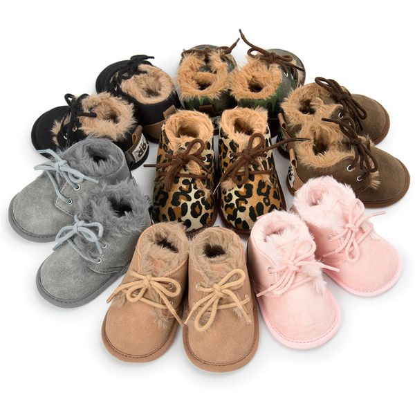 

baby winter shoes solid snow boots warm plush leopard cotton shoe newborn lace up prewalkers snow shoes, Black;grey