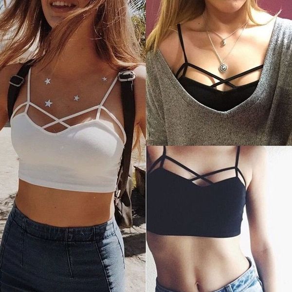 

wholesale-new women cut out white bra bustier crop bralette strappy crochet cropped blusas bandage halter tank camisole z1, Black;white