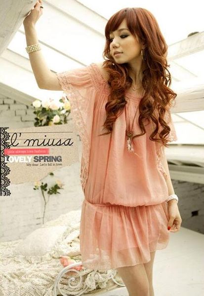 Heiße Damen Sexy Slash Neck Chiffon Kleid Kurzarm Schlanke Taille Spitze Manschette Lange Tops Mini Casual Kleid Rosa