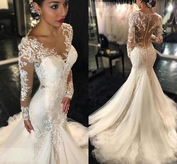 

romantic lace applique mermaid wedding dresses 2017 summer sheer neck long sleeves see through back covered buttons bridal gowns customized, White
