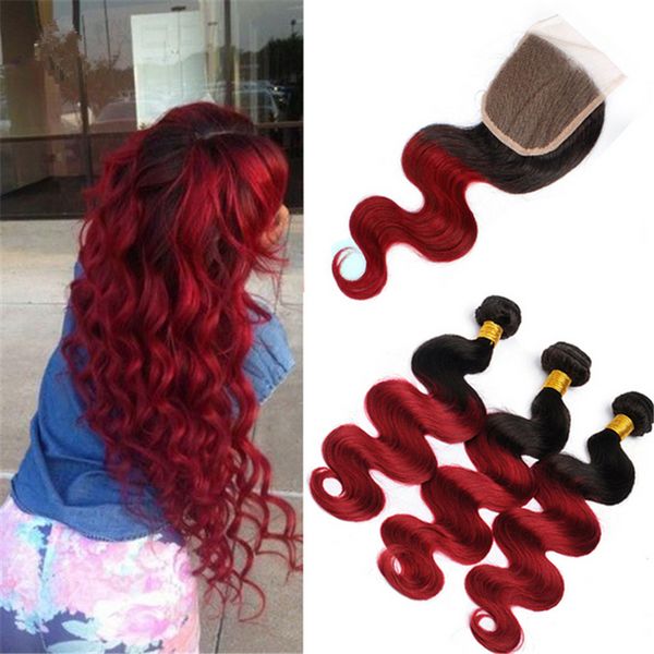 Dark Root Light Blonde 1b Red Ombre Hair Bundles With Lace