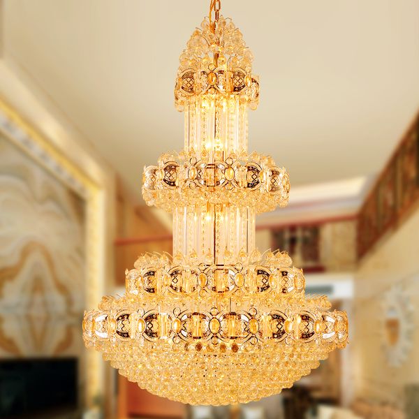Lampadari di cristallo moderni Lampadario di cristallo dorato Apparecchio di illuminazione Lampade a LED lunghe Hotel Lobby Villa splendente di lusso Illuminazione interna per la casa