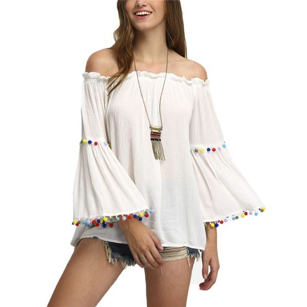 

С Плеча Цветные Помпон Отделка Топы Лето Новые Дамы Flare Рукавом Сексуальная Рубаш