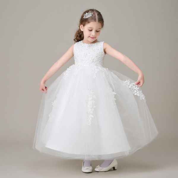 vestidos de daminha Bianco Principessa Tulle Pizzo In Rilievo Abito di Sfera Lungo Fiore Ragazze Abiti Per Matrimoni 2015 Bambini Abiti Da Festa di Compleanno