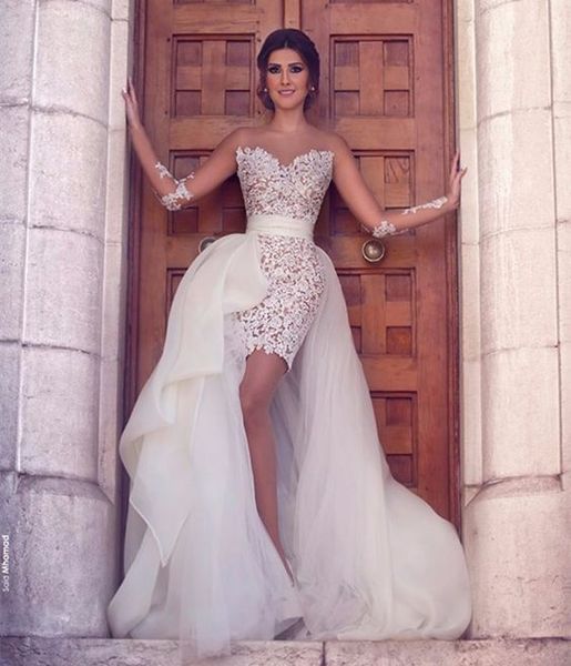 Abiti da sposa in pizzo con gonna staccabile a maniche lunghe arabe Illusion Abito da sposa Vestidos De Noiva Applique Abiti da sposa corti Personalizza