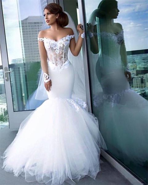 Abiti da sposa a sirena con spalle scoperte Corpetto trasparente Applicazioni in pizzo Tulle Abito da sposa sexy Abiti da sposa vintage con disossamento esposto