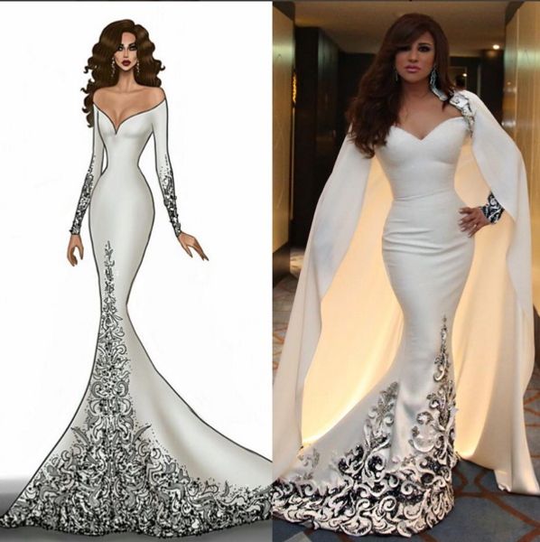 2023 Frühling Sommer Dubai Arabisch Stil Abendkleid mit abnehmbarem Cape Meerjungfrau Abendkleider Langarm Applikation Perlen Sweep Zug Mode Abendkleid