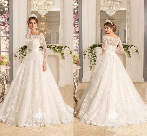 

2017 new modern wedding dresses a line off shoulder long sleeves lace appliques sweep train button back sashes plus size bridal gowns, White