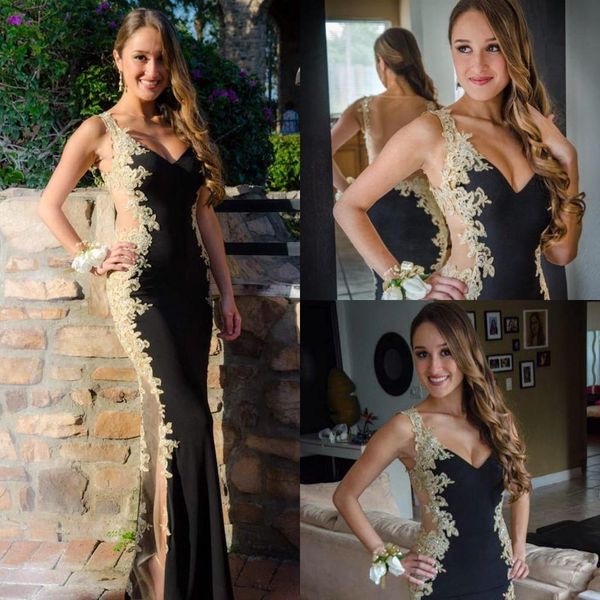 

2020 Prom Gowns Sexy V-Neck Sheer Back Sleeveless Appliques Gold Lace Cutaway Sides Black Mermaid Evening Dresses