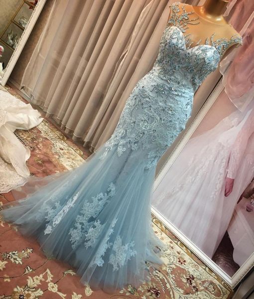 

graceful sky blue mermaid dresses party evening sheer neck vestidos de fiesta lace crystals illusion prom dress, Black;red