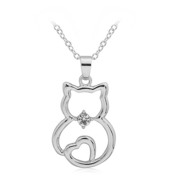 

new fashion cats jewelry simple shape hollow out cat crystal heart animal pendant women necklace silver plating selling
