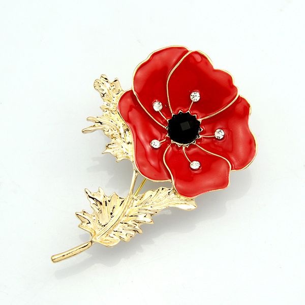 

british legion uk fashion golden leaf red enamel flower crystal poppy brooches pins for women flower badage as princess kate, Gray