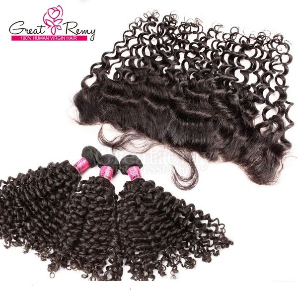 Greatremy 13x4 Deep Curly Lace Frontal Verschluss mit Haarbündeln CurlyWave Brasilianisches Reines HaargewebeLace Frontal Free Milld 3 Teil