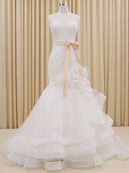 

органза русалка милая свадебное платье с оборками 2016 развертки поезд свадебные платья зашнуровать vestidos де noiva, White