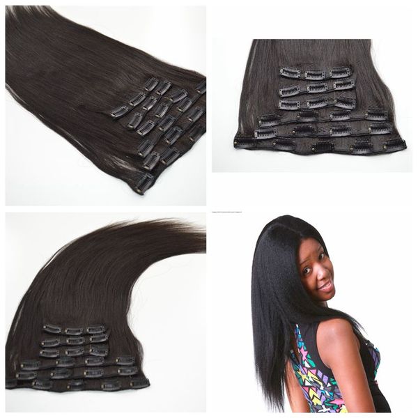 

peruvian clip in human hair extension 7pcs 120g human hair yaki straight 100% unprocessed human hair weave g-easy, Black;brown