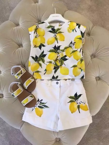 

prettybaby 2016 summer girls white lemon two-pieces sets t-shirt shorts lemon flower printed sleeveless tshirt kids clothes ing