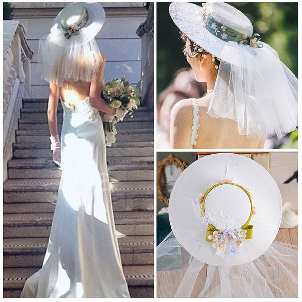 2021 Wunderschöne Brauthüte, Schleier mit Blumen und Spitze, schneller Versand, handgefertigte Vintage-Hochzeitshüte aus Tüll